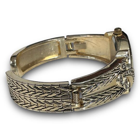 Y2K Vintage Gold Tone Round Face Bangle Cuff Bracelet Watch - Picture 5 of 14